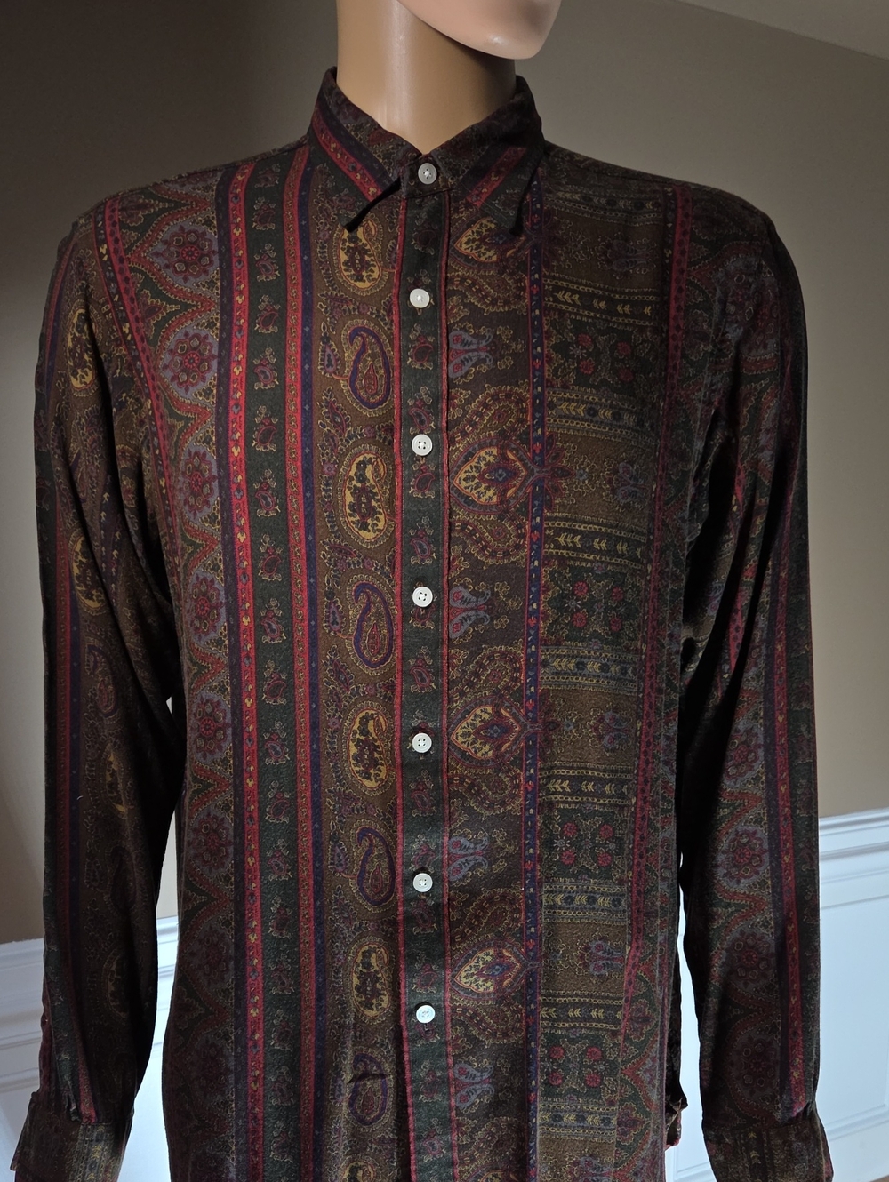 Rare Wool Mix Cuff Link Mens Long-Sleeve Paisley Button-Up Shirt - Brown Multi